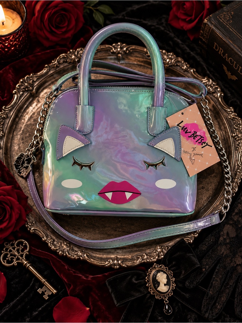 Luv Betsey Johnson Vampurr Crossbody Dome Purse Pastel Vampire Cat NWT - Picture 9 of 9
